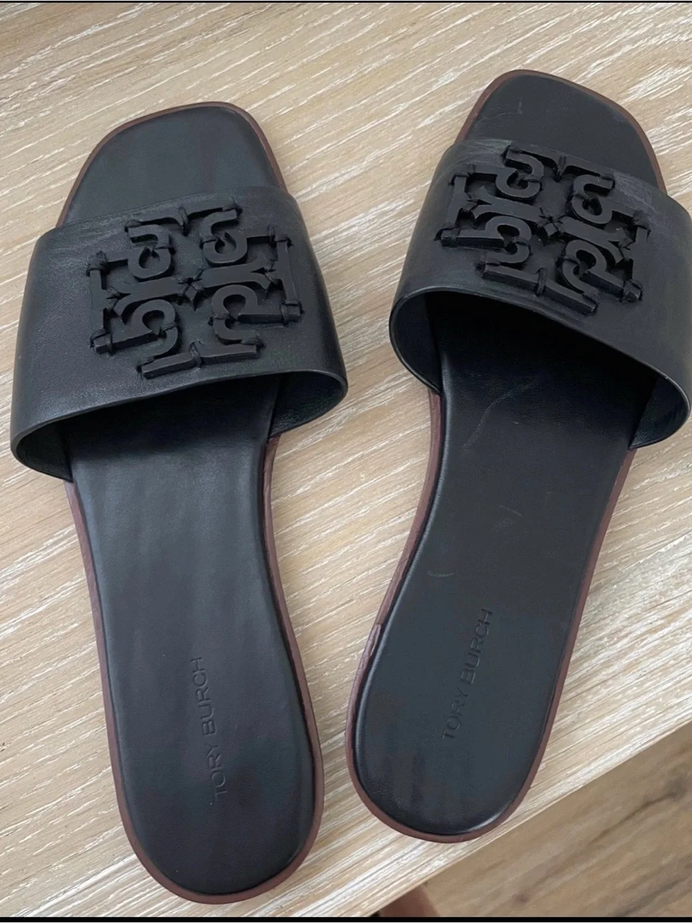 Tory Burch Black Leather Logo Slide Sandals